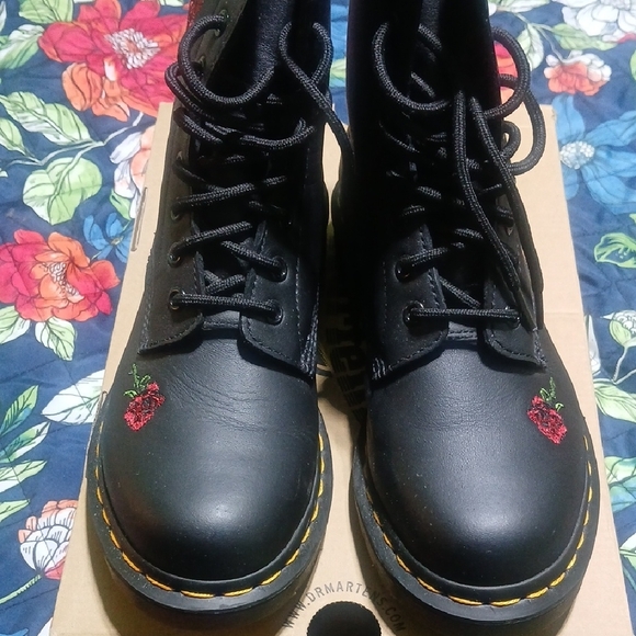 Dr. Martens Black Boots with Red Floral Design 1460 Vonda! - Picture 2 of 5